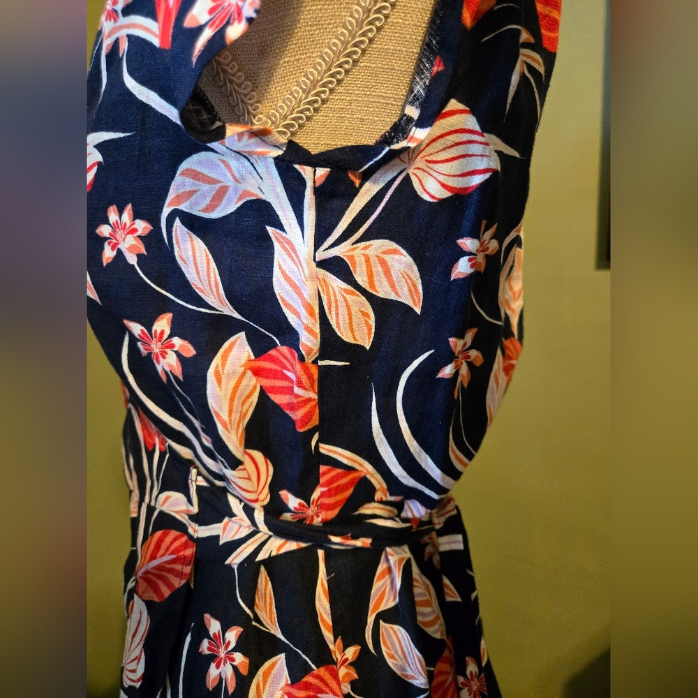 Draper James SIZE 6 Wrap Dress Summer Navy Orange Floral 100% Linen Woman's a1 - Picture 7 of 12